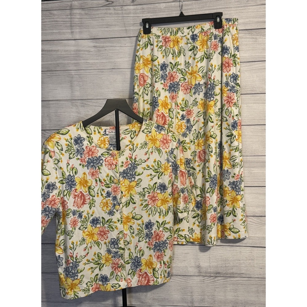 Talbots L Floral Skirt Set 2PC Cotton Top Pull On Maxi Skirt Pockets